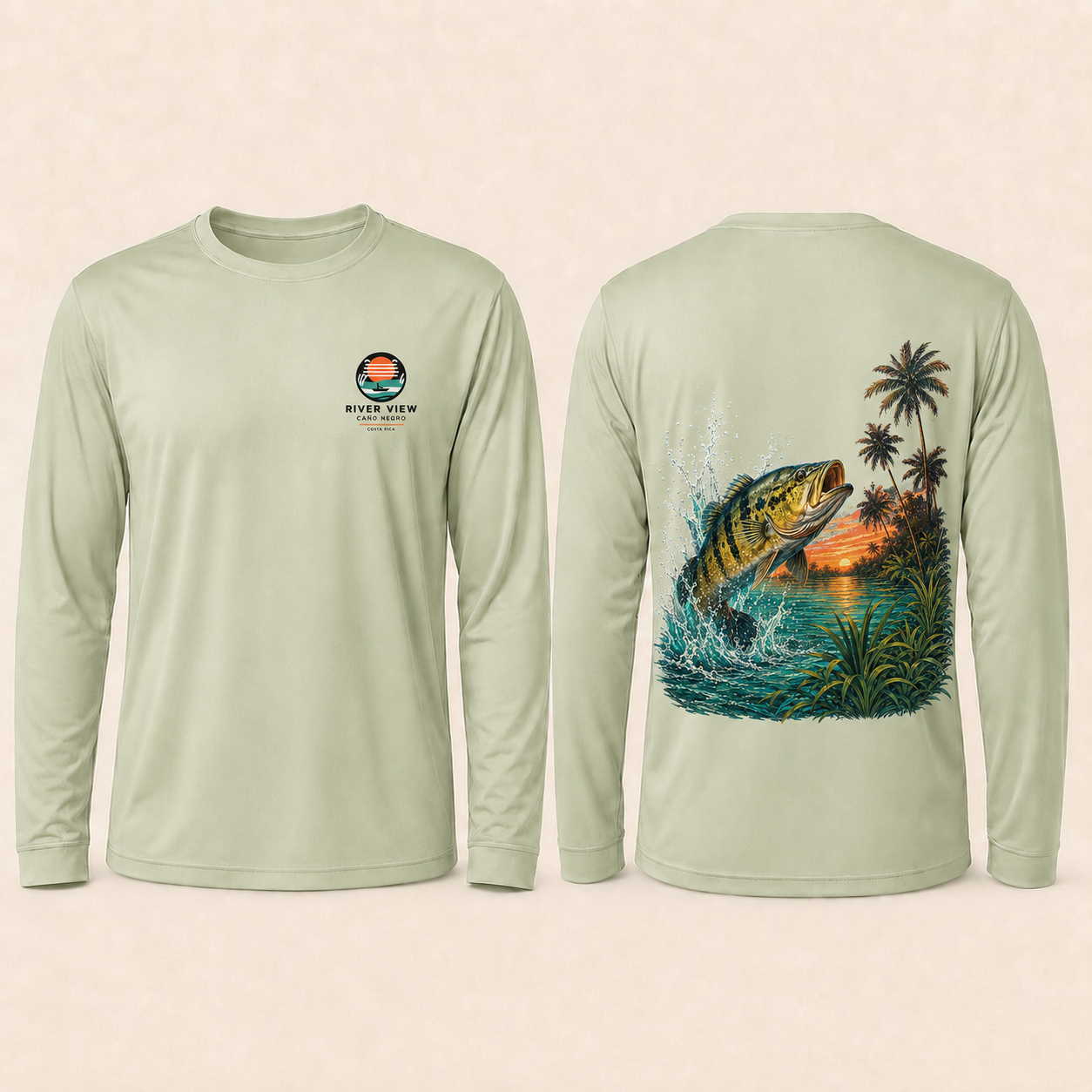 Camisa UV River View de color sólido con logo frontal transparente y arte detallado de guapote en la espalda, color Verde claro